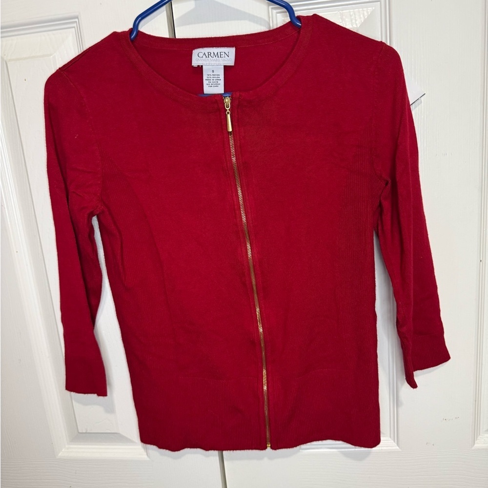 Carmen Marc Valvo Red Zip Front Rib Knit Cardigan Top Size Small Elegant - Picture 1 of 4